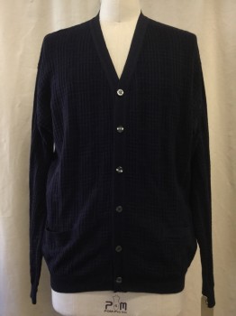 SEGRETO, Navy Blue, Wool, Solid, Grid , Button Front, Self Grid Knit, 2 Pockets,