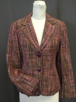 JONES NEW YORK, Pink, Wine Red, Olive Green, Viscose, Polyester, Heathered, Homespun Weave in Heathered Pattern of Various Shades of Pink & Olive. 2 Button Single Breasted, Notched Lapel, 2 Hidden Slit Pockets, Self Belted Back Waist