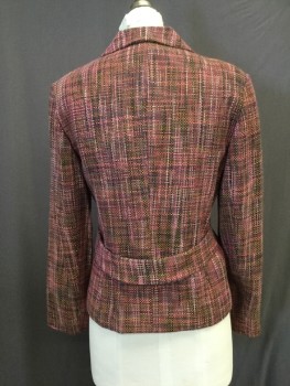 JONES NEW YORK, Pink, Wine Red, Olive Green, Viscose, Polyester, Heathered, Homespun Weave in Heathered Pattern of Various Shades of Pink & Olive. 2 Button Single Breasted, Notched Lapel, 2 Hidden Slit Pockets, Self Belted Back Waist