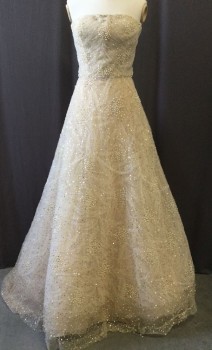 OSCAR DE LA RENTA, Cream, Gold, Pearl White, Champagne, Polyester, Sequins, Abstract , Strapless, Back Zipper, Boned Understructure with Back Zipper, Layers of Pearl Beaded and Sequinned Tulle with Leaf Shapes Over Built in Petticoat