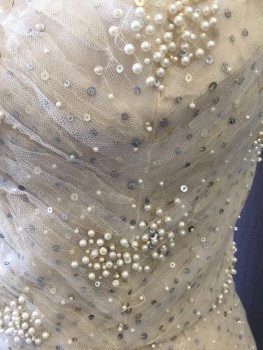 OSCAR DE LA RENTA, Cream, Gold, Pearl White, Champagne, Polyester, Sequins, Abstract , Strapless, Back Zipper, Boned Understructure with Back Zipper, Layers of Pearl Beaded and Sequinned Tulle with Leaf Shapes Over Built in Petticoat