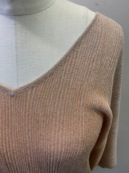 Womens, Top, INC, Rose Pink, Tan Brown, Gold, Rayon, Polyester, Ombre, XS, 3/4 Sleeves, Scoop Neck, Dolman Sleeve, Rib Knit, Slightly Sheer