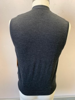 Mens, Sweater Vest, BROOKS BROTHERS, Charcoal Gray, Wool, Solid, L, V-N, Cardigan,
