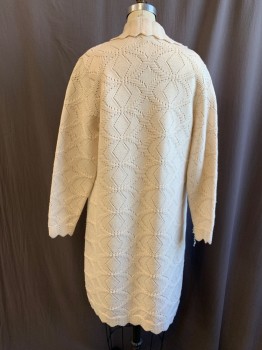 Womens, Sweater, CUDDLE KNIT, Cream, Wool, Solid, M, Novelty Knit, Open Front, Long, Jagged Edge Collar/Cuff/Waistband