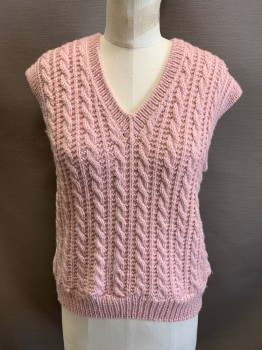 Womens, Vest, NL, Pink, Acrylic, Cable Knit, B: 36, Pullover, V-neck, Rib Knit Neckline, Collar, & Waist