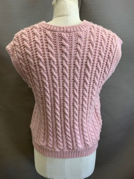 Womens, Vest, NL, Pink, Acrylic, Cable Knit, B: 36, Pullover, V-neck, Rib Knit Neckline, Collar, & Waist