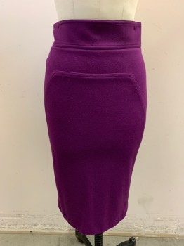 Womens, Skirt, Below Knee, DVF, Dk Purple, Wool, Polyamide, Solid, 4, Wide Waistband, Self Stripe at Front & Back Creating Panel, Zip Back