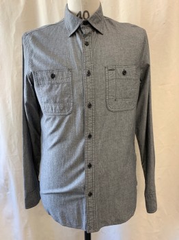 Mens, Casual Shirt, WALLIN & BROS, Dk Gray, Cotton, M, Chambray, Collar Attached, Button Front, Long Sleeves, 2 Pockets