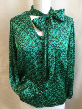 ELEMENTZ, Teal Green, Lime Green, Orange, Blue, Black, Polyester, Abstract , U Neck with Self Wide Bow-tie Attached, Black Button Front, Long Sleeves with Thin Elastic Hem