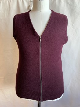 Mens, Vest, PERRY ELLIS, Maroon Red, Wool, Solid, XL, V-neck, Zipper Front, Ribbed Knit Armholes/Waistband