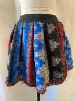 ASIS, Black, Blue, Gray, Red Burgundy, Yellow, Wool, Abstract , Tweed, Black Elastic Waistband, A-Line, Pleated Hem Above Knee