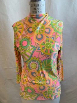 NL, Pink, Multi-color, Nylon, Floral, Paisley/Swirls, Long Sleeves, Back Zipper, Mandarin/Nehru Collar, **Small Hole