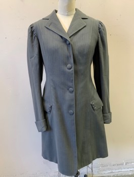 Womens, Coat 1890s-1910s, G.FOX & CO, Gray, Wool, Stripes - Pin, B:34, 4 Self Fabric Covered Buttons, Notched Lapel, Puffy Sleeves Gathered at Shoulders, 2 Pockets at Hips, Below Hip Length, Cuffed Wrists, Decorative Buttons at Back Hem Vent,