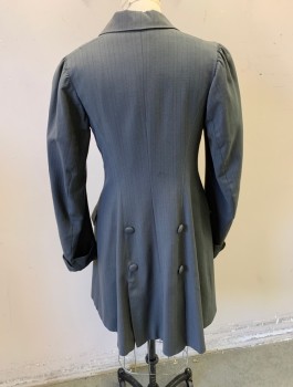 Womens, Coat 1890s-1910s, G.FOX & CO, Gray, Wool, Stripes - Pin, B:34, 4 Self Fabric Covered Buttons, Notched Lapel, Puffy Sleeves Gathered at Shoulders, 2 Pockets at Hips, Below Hip Length, Cuffed Wrists, Decorative Buttons at Back Hem Vent,