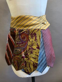 FIT TO BE TIED, Multi-color, Silk, Novelty Pattern, Upcycled Made of Men's Neckties Sewn Together, Wrap Closure with 1 Gold Button at Side Waist