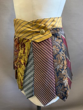 Womens, Skirt, Mini, FIT TO BE TIED, Multi-color, Silk, Novelty Pattern, W:24, Upcycled Made of Men's Neckties Sewn Together, Wrap Closure with 1 Gold Button at Side Waist