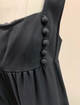 LORD & TAYLOR, Black, Rayon, Square Neckline, Faux Buttons on Left Bust, Fabric Covered Buttons, Empire Waist, Zip Back, Floor Length