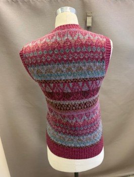 Mens, Vest, CRAFT CENTER, Mauve Pink, Blue-Gray, Teal Blue, Terracotta Brown, Brown, Wool, Fair Isle, C: 38, M, Pullover, Knit, Ribbed Hem 
