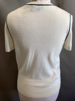 THEORY, Cream, Black, Cashmere, Solid, Crew Neck, Short Sleeves,