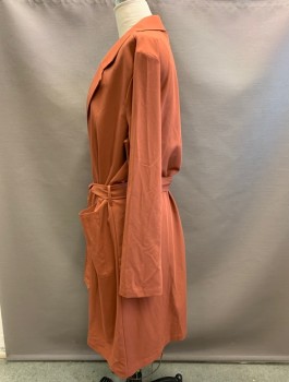 Womens, Coat, Trenchcoat, RECLAIMED VINTAGE, Rust Orange, Polyester, Solid, B 48, L, Double Breasted, Notched Lapel, 2 Patch Pocket, Unstructured, Belt Loops,  MATCHING Tie Belt