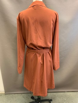 Womens, Coat, Trenchcoat, RECLAIMED VINTAGE, Rust Orange, Polyester, Solid, B 48, L, Double Breasted, Notched Lapel, 2 Patch Pocket, Unstructured, Belt Loops,  MATCHING Tie Belt