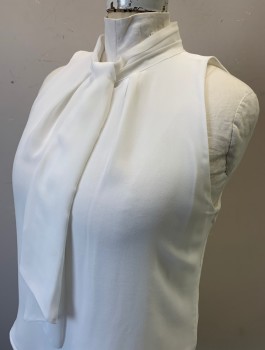 CALVIN KLEIN, White, Polyester, Solid, Chiffon, Sleeveless, Pleated Stand Collar with Hanging Fabric Tab at Front, Chunky White Zipper in Back with 2 Gold Buttons at Neck