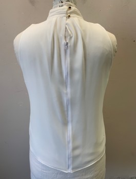 CALVIN KLEIN, White, Polyester, Solid, Chiffon, Sleeveless, Pleated Stand Collar with Hanging Fabric Tab at Front, Chunky White Zipper in Back with 2 Gold Buttons at Neck