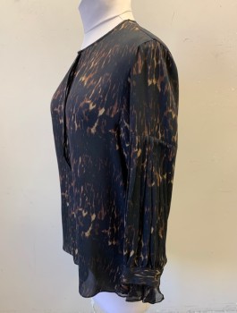 KOBI HALPERIN, Black, Brown, Tan Brown, Silk, Animal Print, Leopard Spots, Chiffon, Long Sleeves, Round Neck with 5 Button Placket, Vertical Pleats at Lower Sleeve, Ruffled Cuff, Oversized Fit, High End