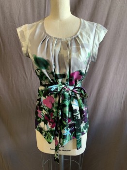 MINT, Lt Gray, Gray, Forest Green, Green, Black, Silk, Floral, Scoop Neck, Cap Sleeves, Belted Waist, Key Hole Back