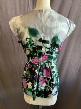 MINT, Lt Gray, Gray, Forest Green, Green, Black, Silk, Floral, Scoop Neck, Cap Sleeves, Belted Waist, Key Hole Back