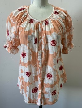 MADEWELL, Peach Orange, White, Maroon Red, Cotton, Floral, Sheer/Lightweight Fabric, S/S, Scoop Neck, Button Front, Smocking At Arm Openings And Neck