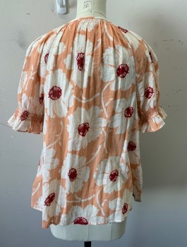 MADEWELL, Peach Orange, White, Maroon Red, Cotton, Floral, Sheer/Lightweight Fabric, S/S, Scoop Neck, Button Front, Smocking At Arm Openings And Neck