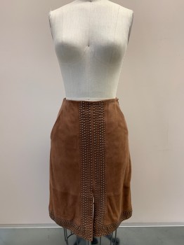 ELIZABETH JAMES, Brown, Leather, Polyester, Solid, F.F, Side Pockets, Vertical Seams, Front Slit, Graphite Round Studs, Side Zipper