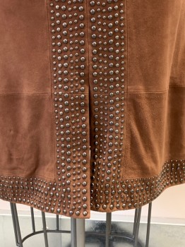ELIZABETH JAMES, Brown, Leather, Polyester, Solid, F.F, Side Pockets, Vertical Seams, Front Slit, Graphite Round Studs, Side Zipper