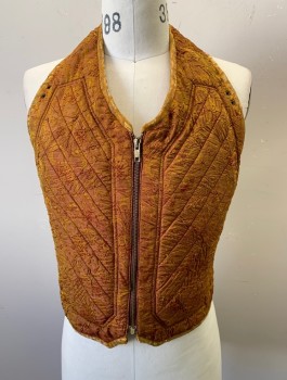 Unisex, Sci-Fi/Fantasy Vest, N/L MTO, Caramel Brown, Goldenrod Yellow, Red Burgundy, Silk, Fiberglass, Floral, C36-38, Quilted Brocade, Structured Armor Inside, Zip Front, Halter Neck, Lace Up at Back Waist, Made To Order