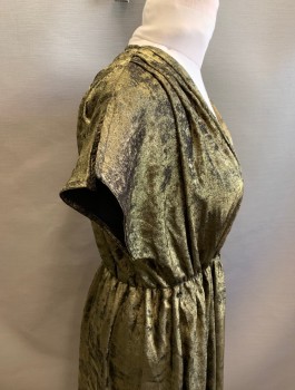 L'ACADEMIE, Gold, Cotton, Polyamide, Mottled, Lamé with Unusual Texture, Cap Sleeves with Slit at Shoulder Seam, Faux Wrap Dress with Surplice V-neck, Elastic Waist, Midi Length