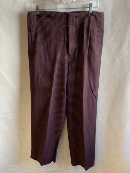 Mens, Pants 1890s-1910s, NL, Red Burgundy, Off White, Wool, Stripes, 28, 34, High Waist, Button Fly, Suspender Buttons, Side Pockets, 1 Leg 2" Longer, Small Hole In Crotch