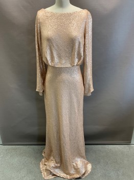 TADASHI SHOJI, Rose Gold Metallic, Polyester, Sequins, Speckled, L/S, Round Neck, Full Sequins, Elastic Waist Band, Back Draped With Lace Cover, Side Zipper,
