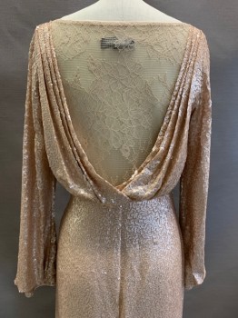 TADASHI SHOJI, Rose Gold Metallic, Polyester, Sequins, Speckled, L/S, Round Neck, Full Sequins, Elastic Waist Band, Back Draped With Lace Cover, Side Zipper,