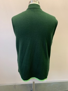 Mens, Sweater Vest, SIGNATURE, Forest Green, Acrylic, L, Knit, Mock Neck, Zip Front, Light Green Trim