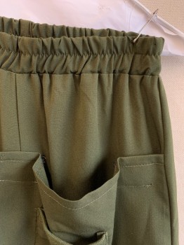 LONG DENG, Olive Green, Polyester, Solid, Elastic Waistband, Large Flap with Pleated Pocket, Attached with Velcro, Grommets on Back, Elastic Cuffs, Harem Style