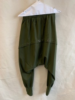LONG DENG, Olive Green, Polyester, Solid, Elastic Waistband, Large Flap with Pleated Pocket, Attached with Velcro, Grommets on Back, Elastic Cuffs, Harem Style