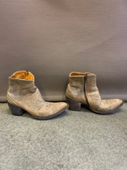 Womens, Cowboy Boots, OLD GRINGO , Khaki Brown, Beige, Leather, Floral, 9, Ankle High Booties, Beige Floral Embroidery, Side Zip, Brown Low Block Heel