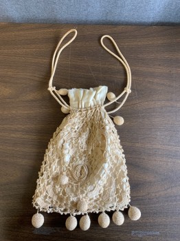 Womens, Purse 1890s-1910s, Beige, Cotton, Beige Solid Lining, Crochet Knit Over Lay, Drawstring Closure, Slightly Aged