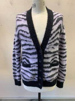 RE/DONE, Lavender Purple, Charcoal Gray, Wool, Alpaca, Animal Print, V-N, Button Front, 2 Pockets, Zebra Stripes