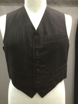 Mens, 1920s Vintage, Suit, Vest, N/L, Espresso Brown, Red, Wool, Stripes - Pin, 48, V-neck, Button Front, Silk Back with Adjustable Strap, 3 Pockets,
