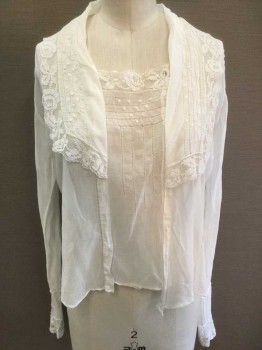 Womens, Blouse 1890s-1910s, N/L, White, Cotton, Lace, Solid, B:34, Very Lightweight Cotton Batiste, Long Sleeves, Hidden Tiny Button Closures At Side Front, Square Neck, with Square/Rectangular Collar with Lace Edge, Lines Of Open Threadwork/Faggoting At Front, Twill Ties At Center Back Waist,