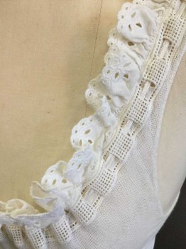 Womens, Camisole 1890s-1910s, FOX 33, Cream, Cotton, Solid, B34, Mesh Knit Cotton with Eyelet Lace Ruffled Draw String Scoop Neckline, Sleeveless,