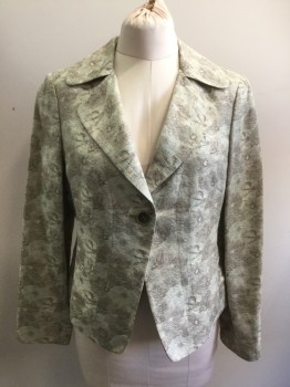 ANNE KLEIN, Olive Green, Mint Green, Taupe, Ramie, Silk, Abstract , Wispy Floral, Single Breasted, L/S, Rounded Collar With Notched Lapel, 1 Button,