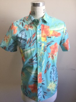 Mens, Hawaiian Shirt, VOLCOM, Turquoise Blue, Orange, Lt Green, Blue, Yellow, Polyester, Cotton, Hawaiian Print, Floral, S, Turquoise with Multicolor Hawaiian Floral Print, Short Sleeve Button Front, Collar Attached, 1 Patch Pocket at Chest
